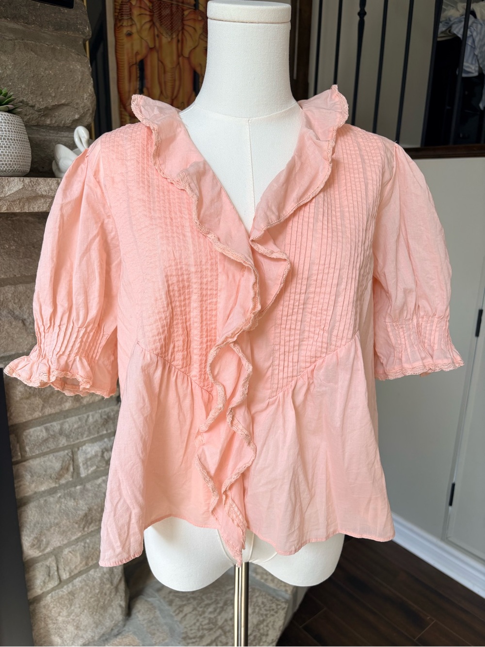 Quince Pink/Peach Organic Cotton Ruffle Pintuck Blouse Size S
